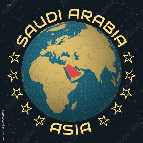 Saudi Arabia on Globe. Country name round text. Vintage look with grunge scratched texture. Country view on world map in Sky Blue Light Yellow color palette. Saudi Arabia shape on map.
