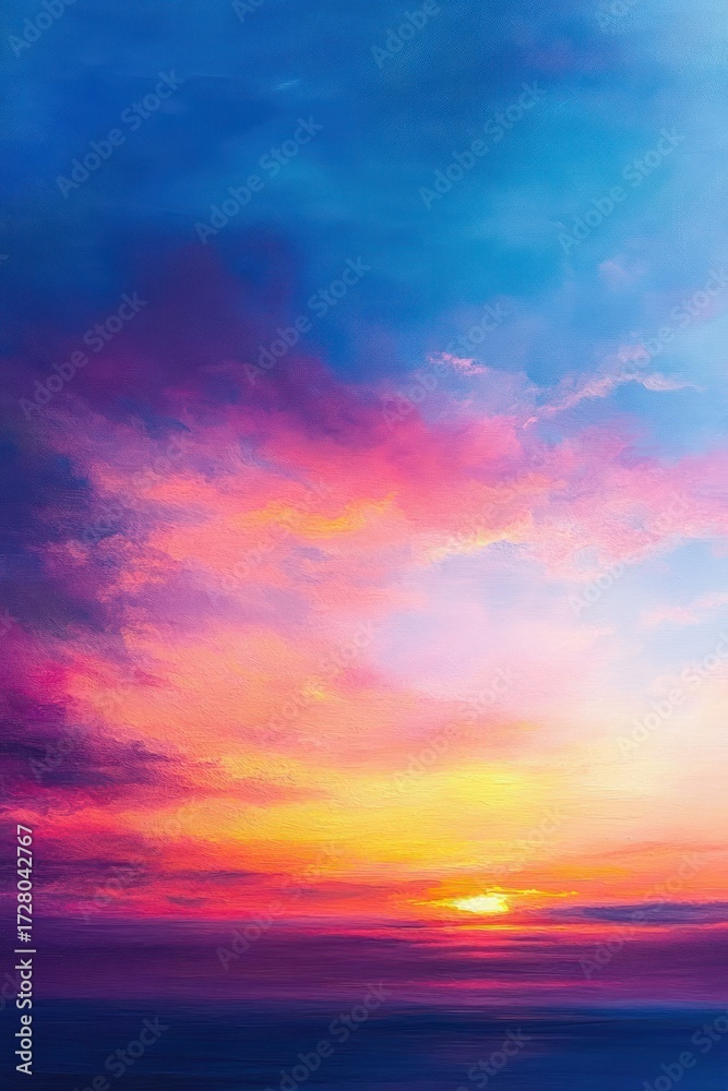 Fototapeta premium Vibrant sunset over calm ocean with colorful clouds blending shades of pink, purple, orange, and blue creating a serene and peaceful atmosphere