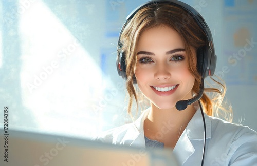 Smiling young woman wearing a headset with microphone, working or communicating in a bright modern office environment
