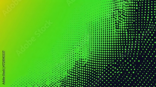 Abstract digital art with gradient background transitioning from yellow to green with black halftone dot pattern creating dynamic and energetic visual effect