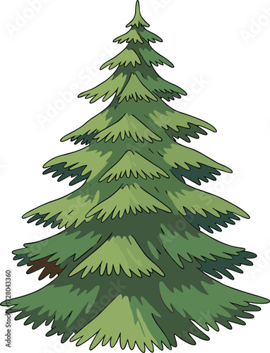 Illustration of single evergreen pine tree with green foliage, hand drawn style, isolated on white background, natural forest, eco friendly design