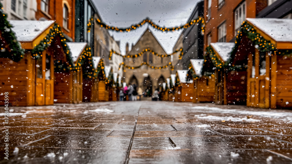 Fototapeta premium First Snow Day Market with Twinkling Lights