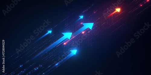 abstract digital arrows glowing in blue and orange moving diagonally upward on dark background symbolizing progress and growth