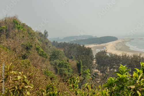 Panoramic Bangladesh seascape from green hillside with tree leaves foreground overlooking sandy beach and blue horizon.