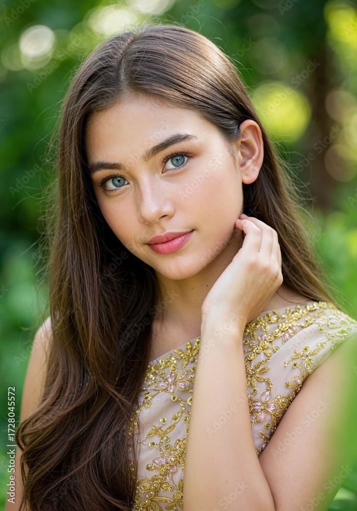 Naklejka premium Ethereal Beauty: A captivating young woman with piercing eyes and flowing hair embodies serenity and elegance, her gentle gaze and graceful poise.