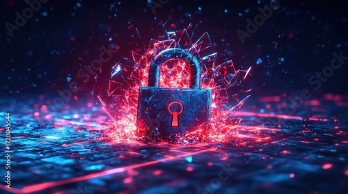 Metal padlock placed on a futuristic circuit board surrounded by glowing red and blue shattered glass particles symbolizing cybersecurity breach or data protection