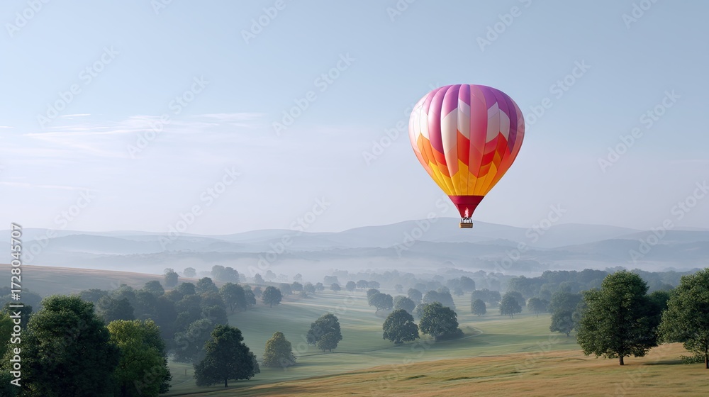 Obraz premium Colorful Hot Air Balloon Floating Over Serene Landscape with Green Trees and Misty Hills in the Background