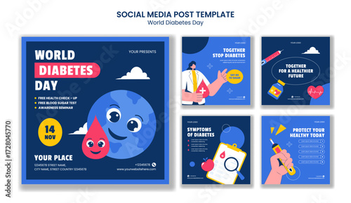 Social Media Post Design for World Diabetes Day Flat Cartoon Hand Drawn Templates