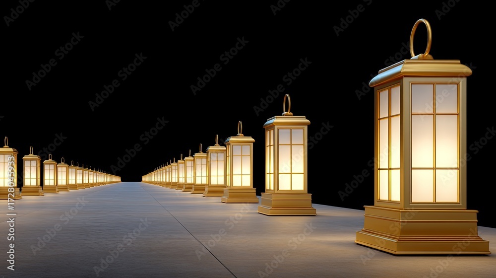 Obraz premium Golden Lanterns Illuminating a Dark Pathway at Night with Soft Glowing Light