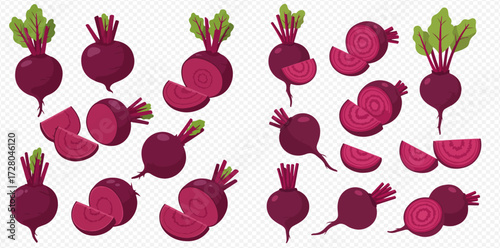 A vibrant collection of fresh beetroots, featuring whole roots, halves, and various slices, showcasing their rich purple color and green leaves.