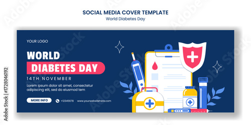 Flat Cartoon Hand Drawn Illustration of World Diabetes Day Social Media Cover Templates