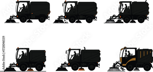 Street sweeper truck, urban cleaning vehicle, municipal road sweeper, city sanitation truck, dust control machine, cleaning service vehicle, road maintenance, sweeperStreet sweeper truck, urban 