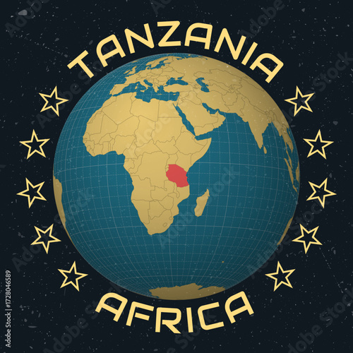 United Republic of Tanzania on Globe. Country name round text. Vintage look with grunge scratched texture. Country view on world map in Sky Blue Light Yellow color palette. Tanzania shape on map.