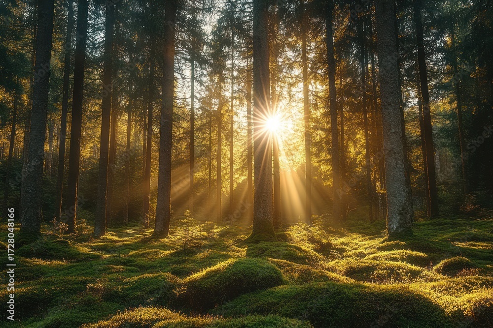 Fototapeta premium Golden sunlight streaming through tall pine trees in a dense forest illuminated moss-covered forest floor creating serene and peaceful atmosphere