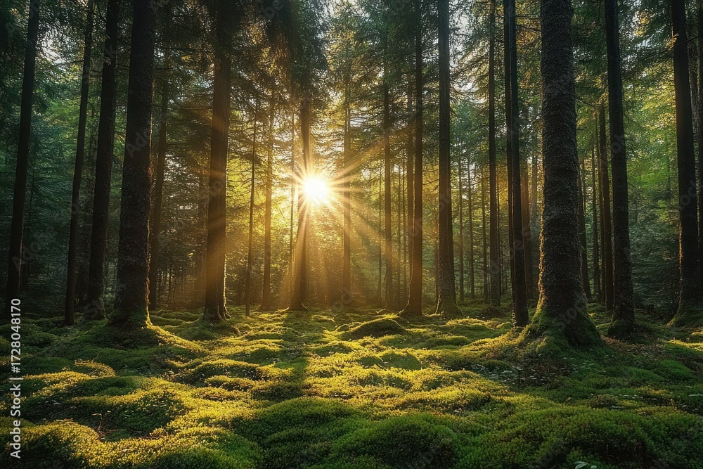 Obraz premium Sunlight streaming through tall trees in a dense forest illuminating moss-covered ground with warm golden rays