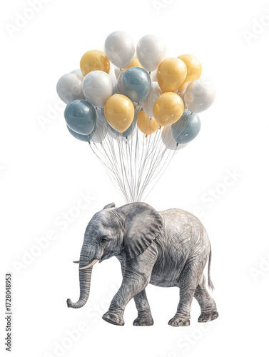 Elephant Gently Floating with Balloons and Soft Shadows on Transparent Background