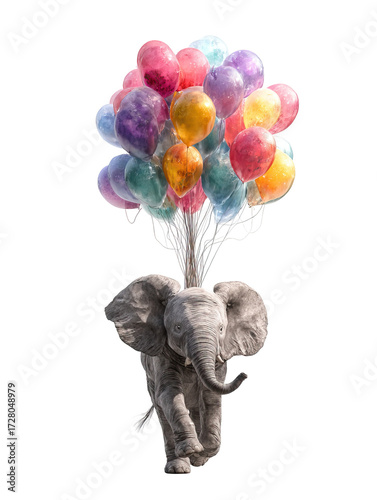 Elephant Gently Floating with Balloons and Soft Shadows on Transparent Background