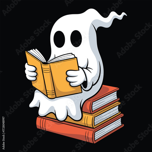 A Friendly Ghost Enjoys Reading on a Stack of Books