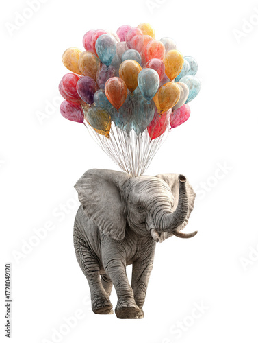 Elephant Gently Floating with Balloons and Soft Shadows on Transparent Background
