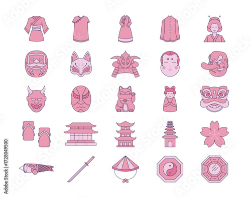 Simple set of 25 Asian culture icons. A collection of Asian culture symbols icon set. Flat illustration concept.