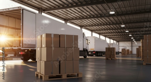 Cardboard boxes stacked on a pallet inside a warehouse with trucks