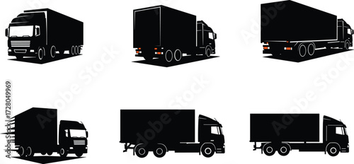 Truck silhouette, cargo truck, delivery vehicle, heavy transport, logistics truck, freight vehicle, commercial transport, shipping truck, supply chain, illustration