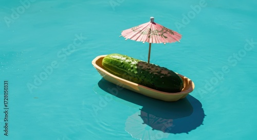 Cucumber boat floating on water with small umbrella