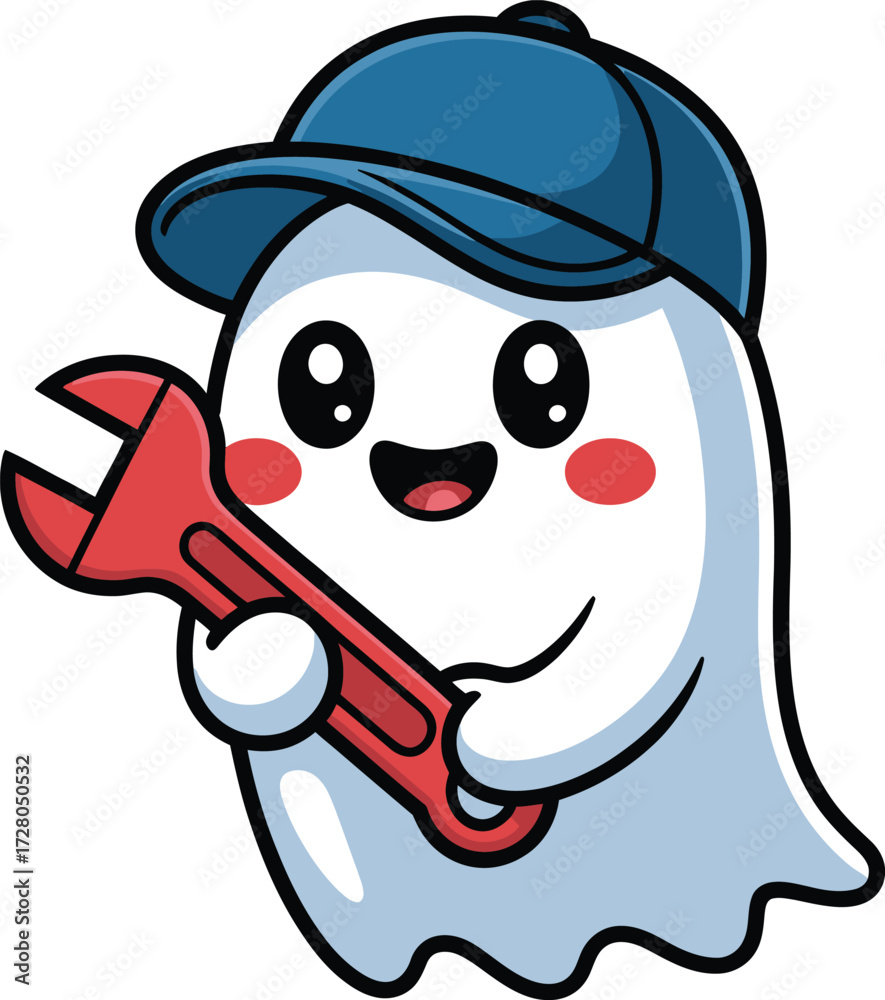 Fototapeta premium Cute Ghost Mechanic Holding a Wrench for Repairs and Maintenance Tasks