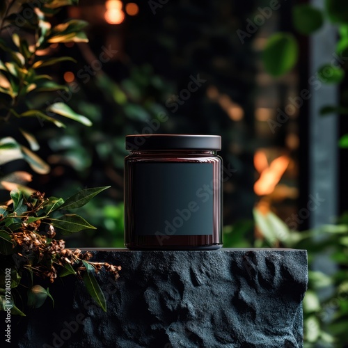 Dark amber glass candle jar with blank label, nestled among lush greenery.
