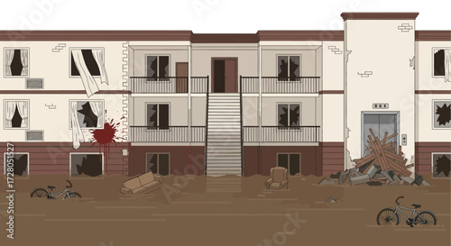 Flooded Apartment Building with Debris Broken Windows and Submerged Furniture.