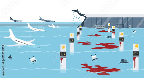 Airport Flooding Disaster Depicting Planes Terminal and Weather Monitors.