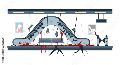 Graphic Escalator Scene with Blood Broken Tiles and Damaged Lights.