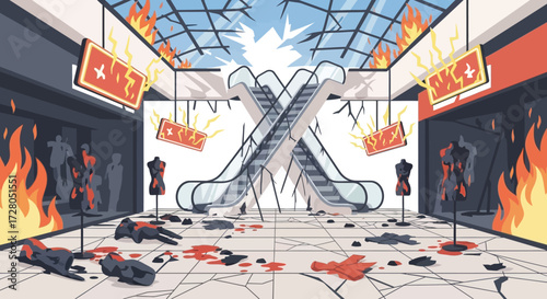 Devastation in a Burning Shopping Mall Collapsed Escalators and Damaged Mannequins.