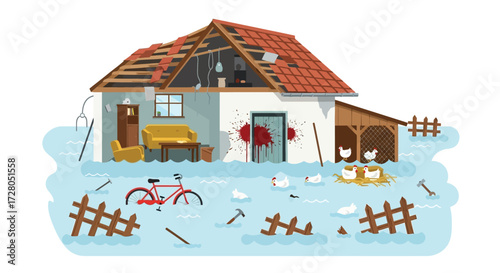 Flooded Farmhouse with Damaged Roof and Chickens.