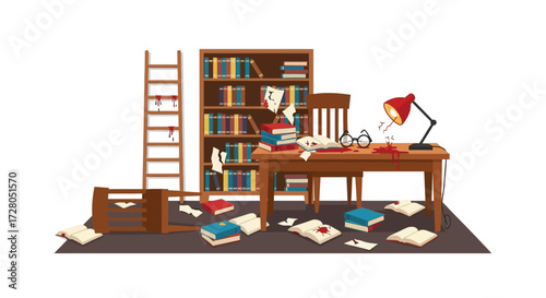 A Chaotic Library Scene with Bloodstains and Broken Objects.