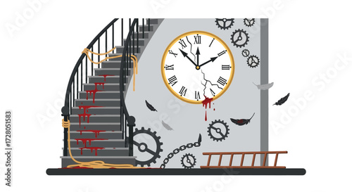 Macabre Clockwork Bloodied Staircase Broken Timepiece and Fallen Feathers.