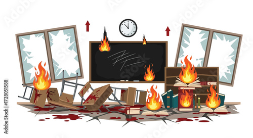 Burning classroom with shattered windows overturned desks and bloodlike splatters.