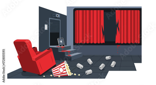 Damaged Cinema Room with Spilled Popcorn and Broken Phone.