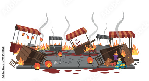 Burning Market Stalls with Scattered Lanterns and Abandoned Toys Amidst Chaos.