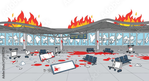 Airport Terminal Devastation Fire Blood and Destruction Aftermath Depicted.
