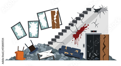 Shattered Staircase and Destroyed Interior After Catastrophe.