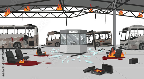 Devastated Bus Terminal with Shattered Glass Burning Buses and Scattered Luggage.
