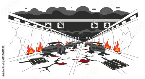 Tunnel Apocalypse Cracked Road Burning Cars and Shattered Signs.