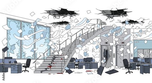 Office Chaos Damaged Interior with Falling Papers and Debris Dramatic Scene.
