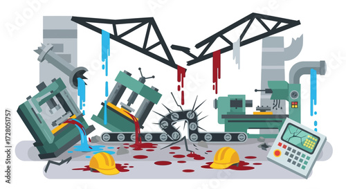 Industrial Accident Scene with Damaged Machinery and Spilled Fluids.