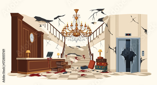 Bloodstained Hotel Lobby After Catastrophe Damaged Staircase Reception Desk Elevator.