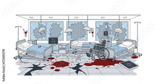 A Hospital Room Scene Depicting Violence and Destruction Shattered Windows.