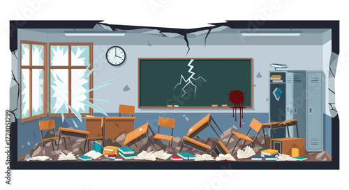 Devastated Classroom Scene Depicting Destruction Violence and Educational Ruin.