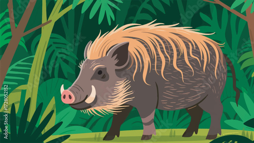 Illustration Of A Philippine Endemic Pig With A Mane Of Long Hair On Its Back, In A Lowland Forest Vector Design Template
