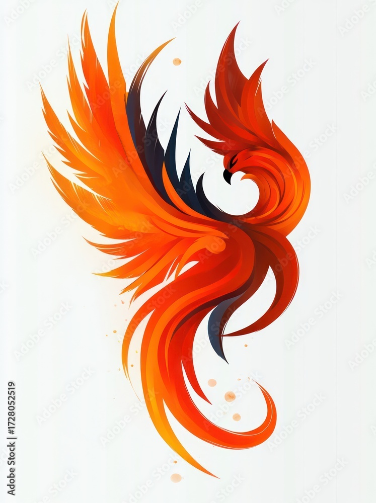 Fototapeta premium Vibrant orange and red stylized phoenix with wings outstretched rising gracefully with curved flowing feathers and intense posture